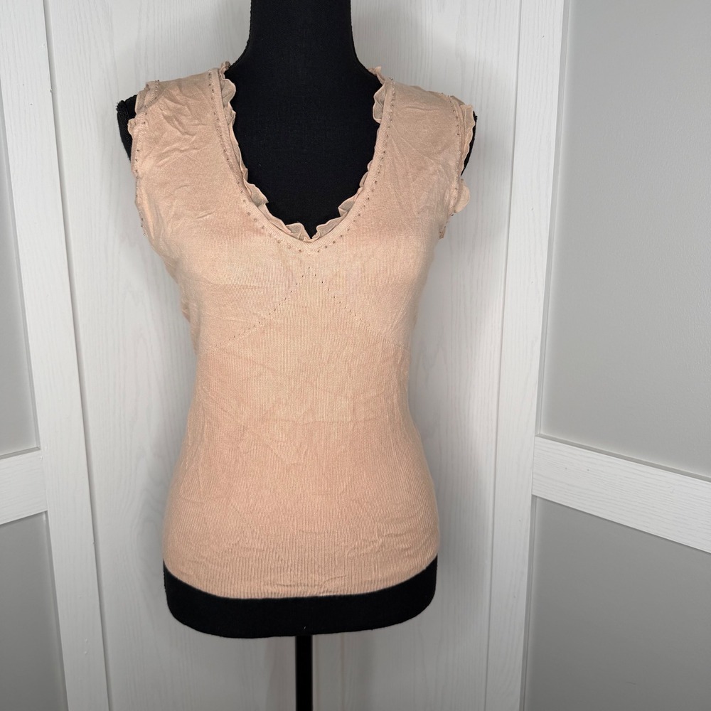Apostrophe Knit Shell Top Womens Small Tan Ruffle V-Neck Beaded Sleeveless